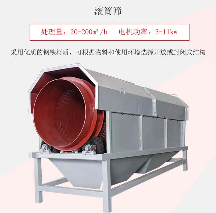 滾筒篩采用優(yōu)質(zhì)的鋼鐵材質(zhì)，可根據(jù)物料和使用環(huán)境選擇開放或封閉式結構