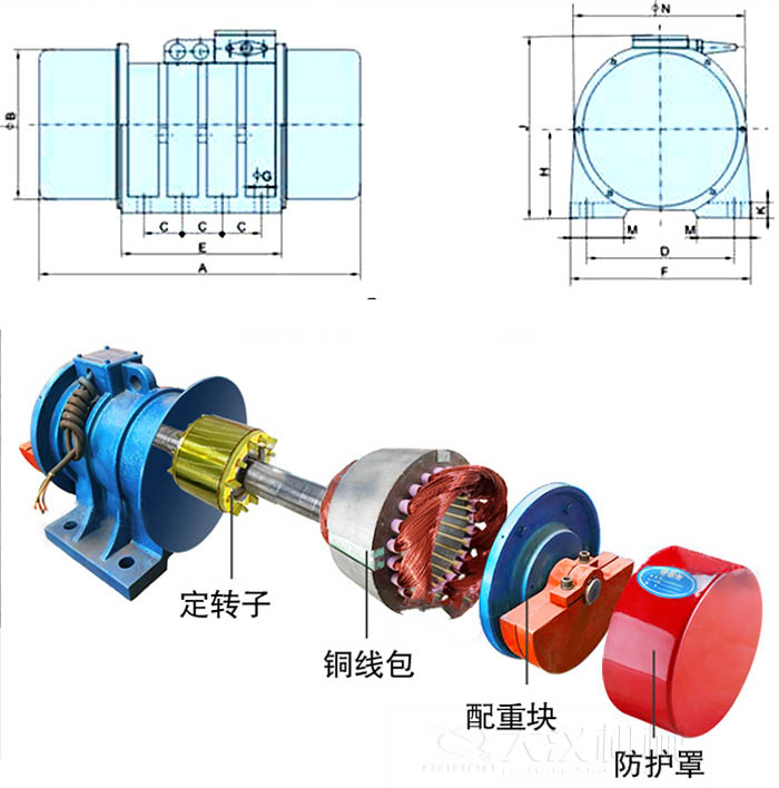 ZFB倉壁振動器外形尺寸字母代表:A為整機(jī)長度F為整機(jī)寬度B為主機(jī)寬度等。結(jié)構(gòu):定轉(zhuǎn)子,銅線包,配重塊,防護(hù)罩等。