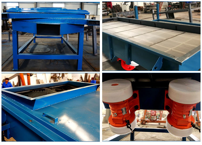 方形振動篩出料口，篩網和網架，進料口，振動電機等細節展示。