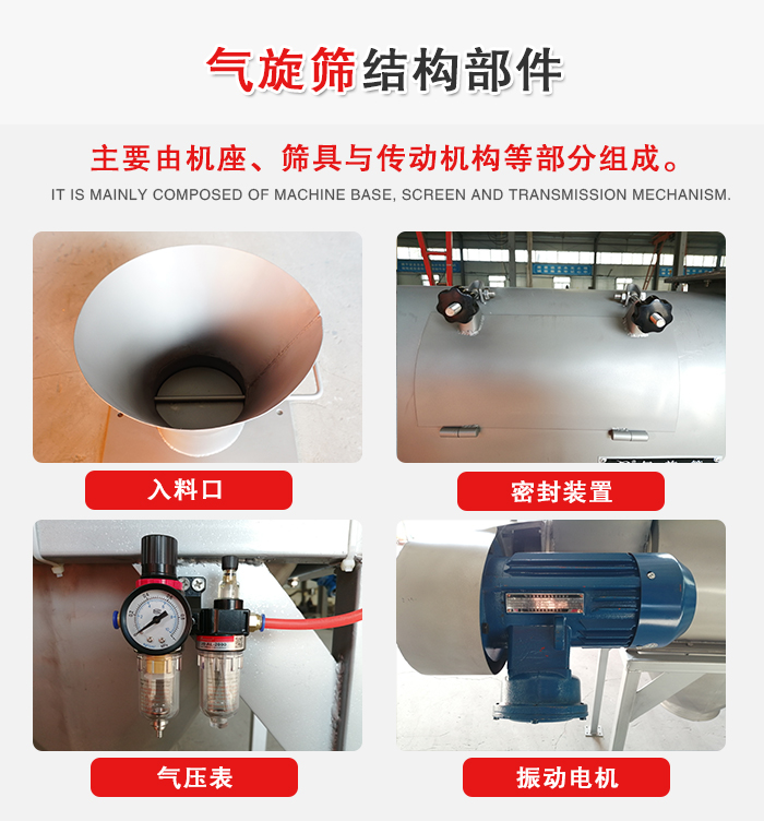 氣旋篩結構：入料口，密封裝置，電機，氣壓表等